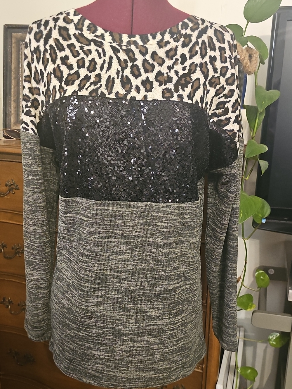 Leopard & Sequin Panel Mixed-Media Pullover - Black/Gray